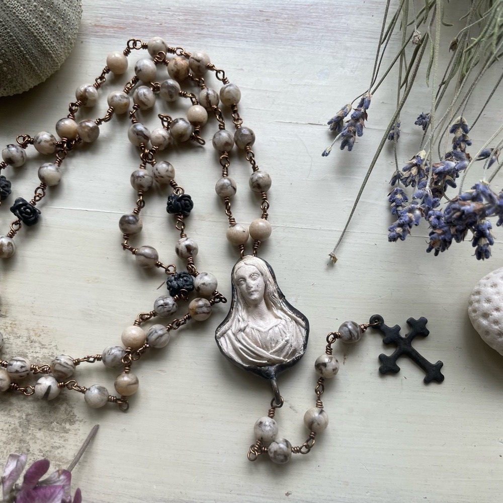 Antique Inspired French Rosary Meerschaum Virgin Mary Crucifix Stone